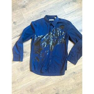 Kenneth Cole New York Men's Navy Blue Long Sleeve Button Up Shirt Black Glossy